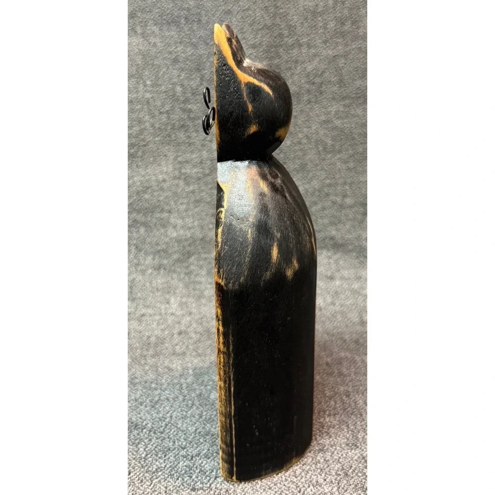 Wood Carved Black Cat Figurine Wire Whiskers Mouse Folk Art Statue Kitten Mice